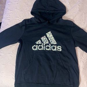 Large, black with pink, blue, gray & yellow cheetah print Adidas hoodie.